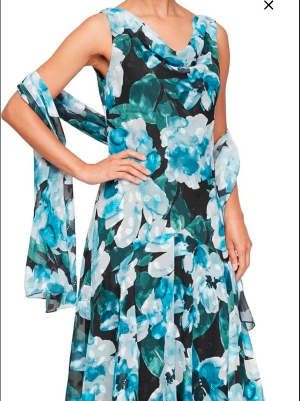 Size 4 Alex Evenings Floral Cowl Neck A-Line Dress with Shawl 2124M Z7